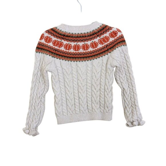 Cynthia Rowley Girls XS 4 Sweater Pumpkin Print Beige Cable Knit Sparkle Ruffle - Picture 2 of 5